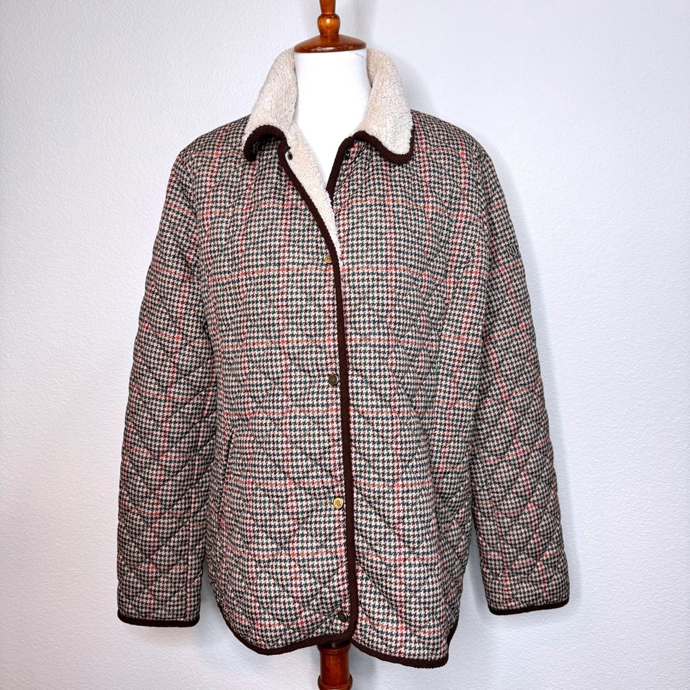 LAUREN RALPH LAUREN Quilted Barn Jacket XL Sherpa Collar Brown Houndstooth Print